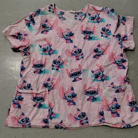 Pink Scrub Top Disney Lilo & Stitch Womens Shirt V Neck Christmas Winter 2XG - Picture 2 of 9